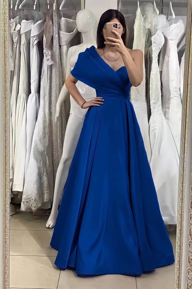 One shoulder Royal blue A-line Satin Prom Dresses