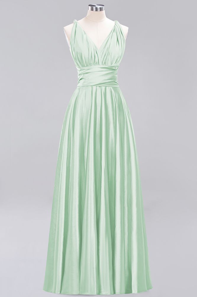 Simple A-Line V-Neck Sleeveless Floor Length Convertible Bridesmaid Dress with Ruffles