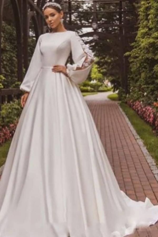 Deluxe Floor-Length Jewel Neck Long Sleeves A-Line Satin Wedding Dresses