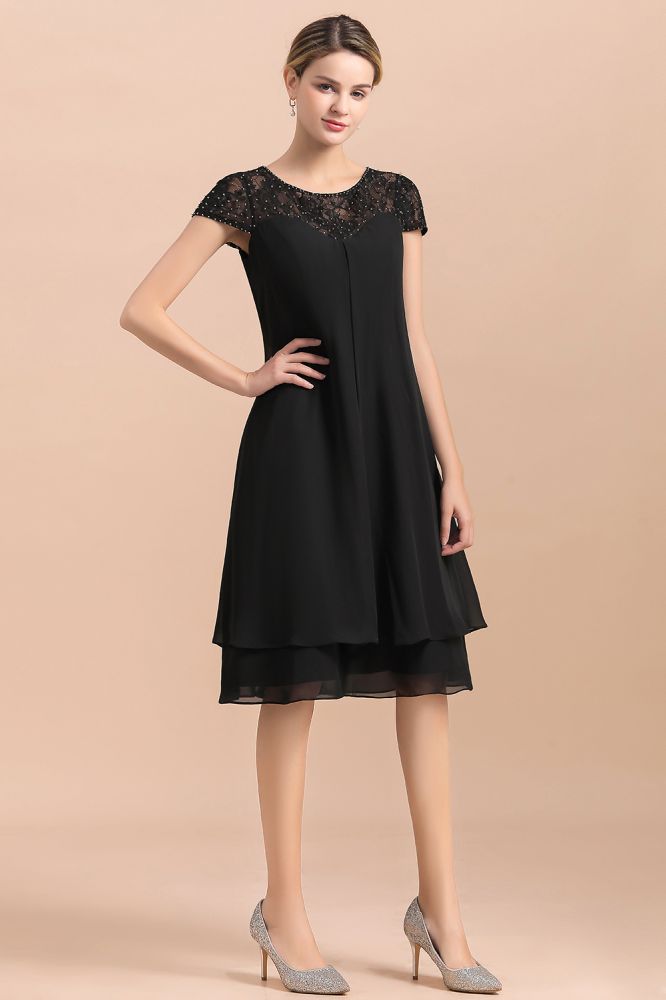Black Short Sleeves Lace Wedding Party Dress Chiffon Knee Length Dress