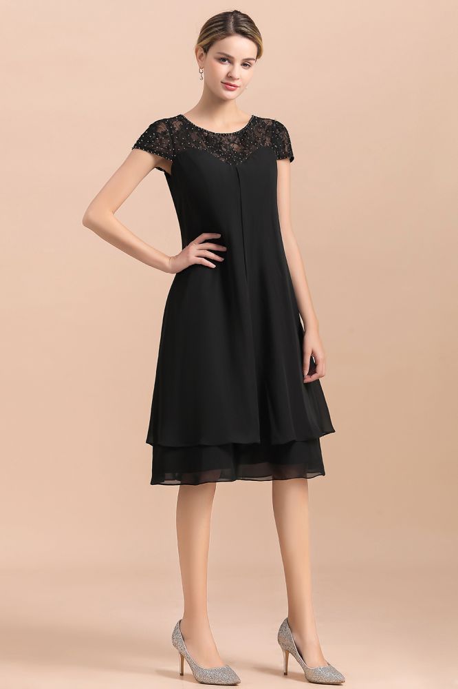 Black Short Sleeves Lace Wedding Party Dress Chiffon Knee Length Dress