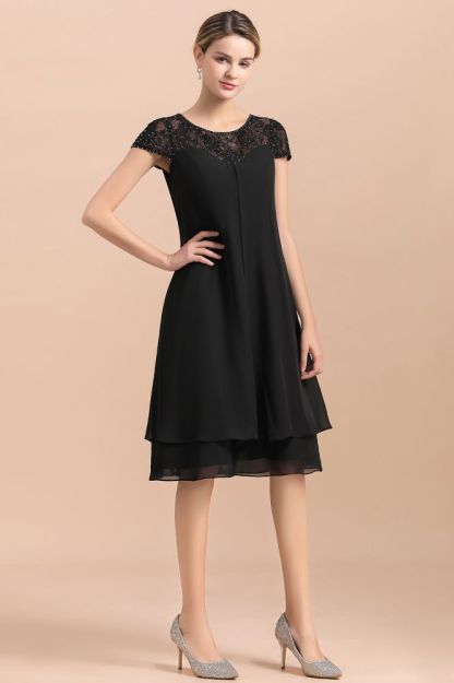 Black Short Sleeves Lace Wedding Party Dress Chiffon Knee Length Dress