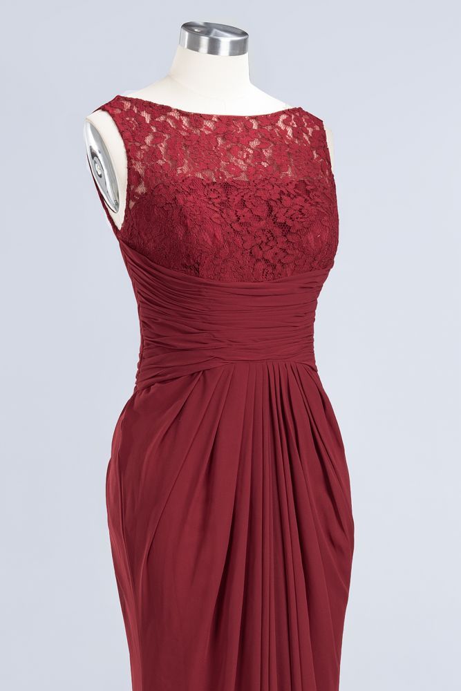 Elegant A-Line Burgundy Chiffon Lace Scoop Sleeveless Ruffles Floor-Length Bridesmaid Dresses