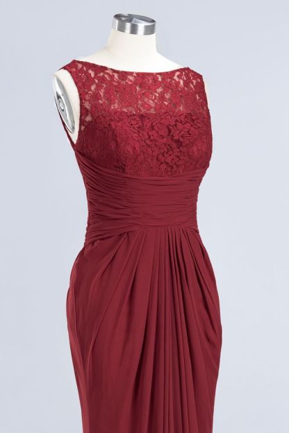 Elegant A-Line Burgundy Chiffon Lace Scoop Sleeveless Ruffles Floor-Length Bridesmaid Dresses