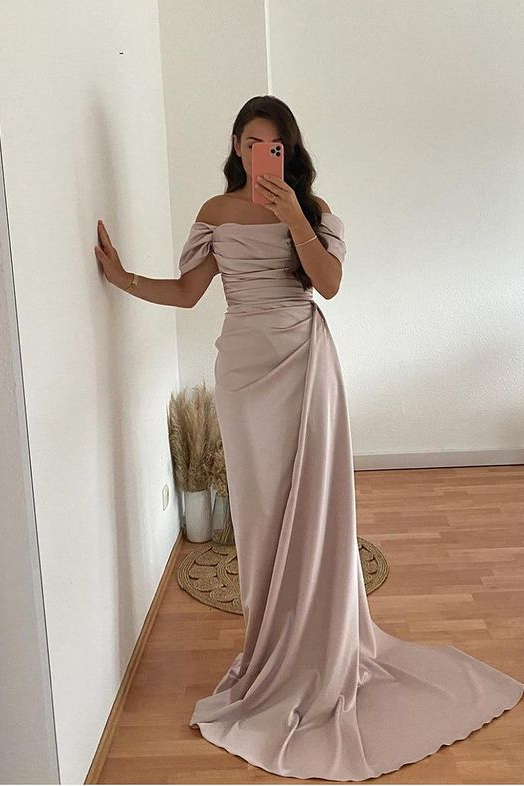 Off the shoulder Burgundy Court Train Prom Dresses