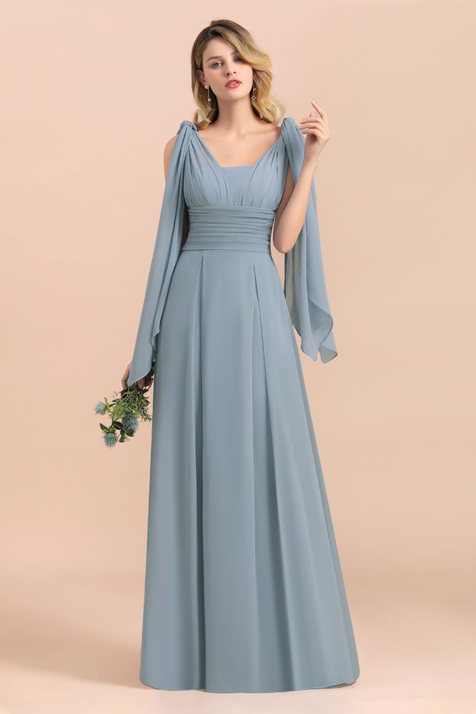 Grey Blue V-Neck Sleeveless Aline Wedding Guest Dress Simple Bridesmaid Dress Floor Length