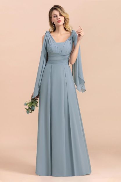 Grey Blue V-Neck Sleeveless Aline Wedding Guest Dress Simple Bridesmaid Dress Floor Length