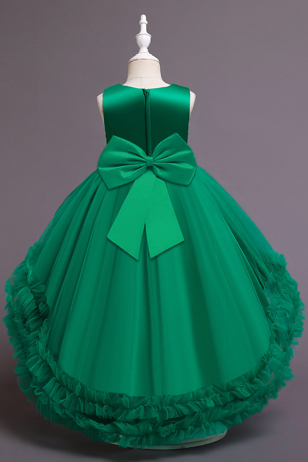 Dark green tulle sleeveless high low flower girl dress