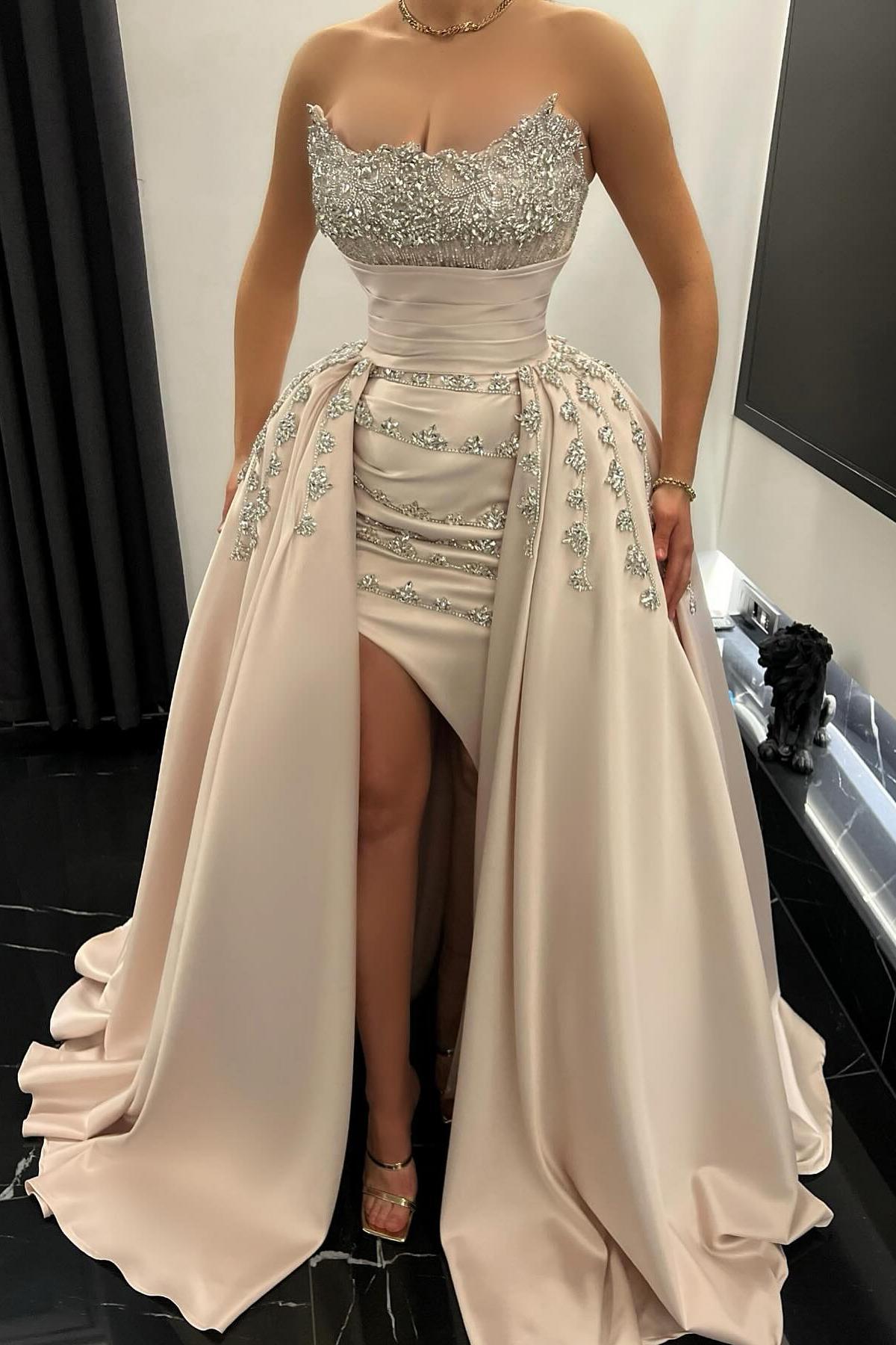 Gorgeous Strapless Satin Ruched Crystal Sweep A-Line Evening Dresses with Slit