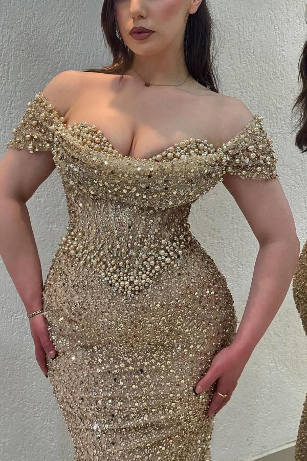 Stunning Off-the-Shoulder White Sequined Sheath Evening Dress with Pearls