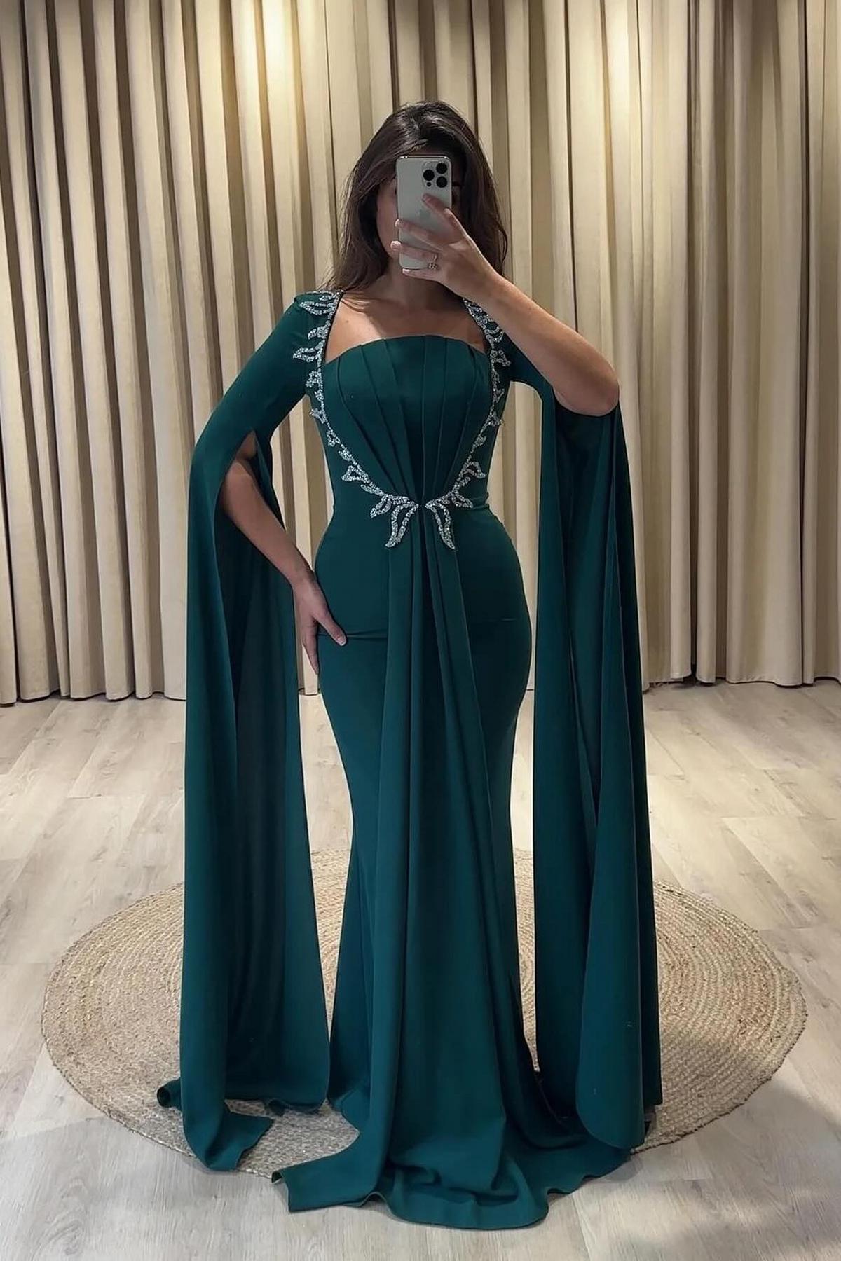 Square Elastic Satin Appliques Lace Elegant Mermaid Prom Dresses Long Sleeve