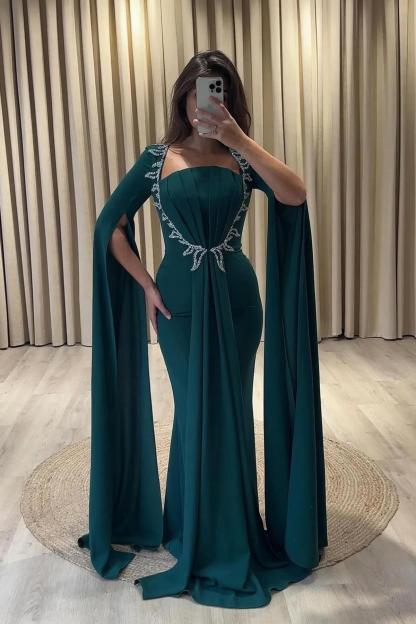 Square Elastic Satin Appliques Lace Elegant Mermaid Prom Dresses Long Sleeve