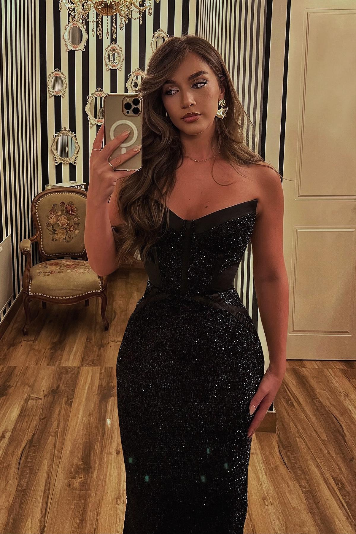 Sexy Black Column Strapless Glitter  Sequins Long Prom Dresses