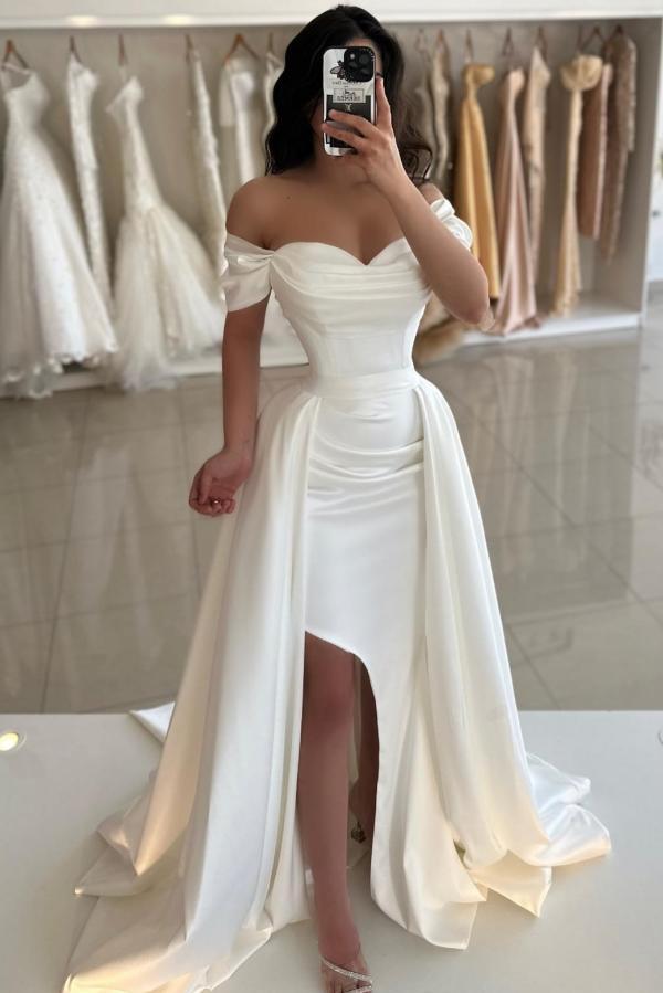Off-the-shoulder Satin Ruched A-Line Prom Dresses with Slit