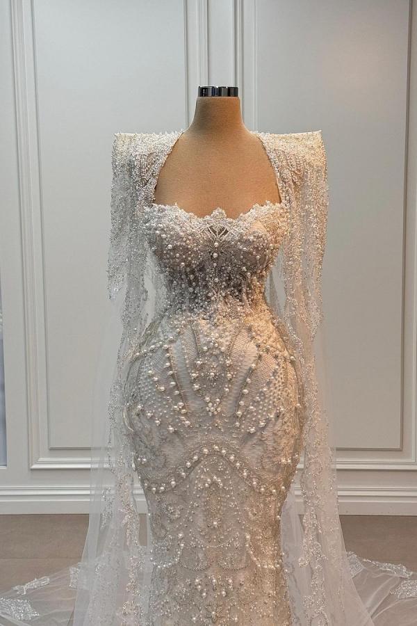 Long sleeves Strapless Mermaid Ivory Court train Wedding Dresses