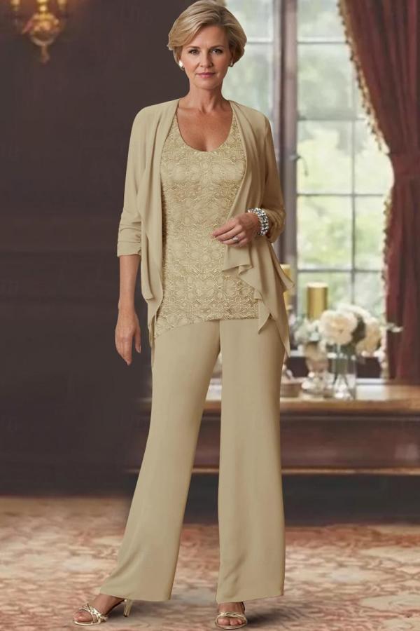 Elegant Cowl Neck Chiffon Lace Mother Of the Bride Outfits