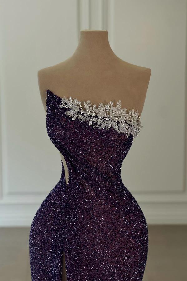 One shoulder purple Mermaid Pleated Silver Beaded Evening Dresses