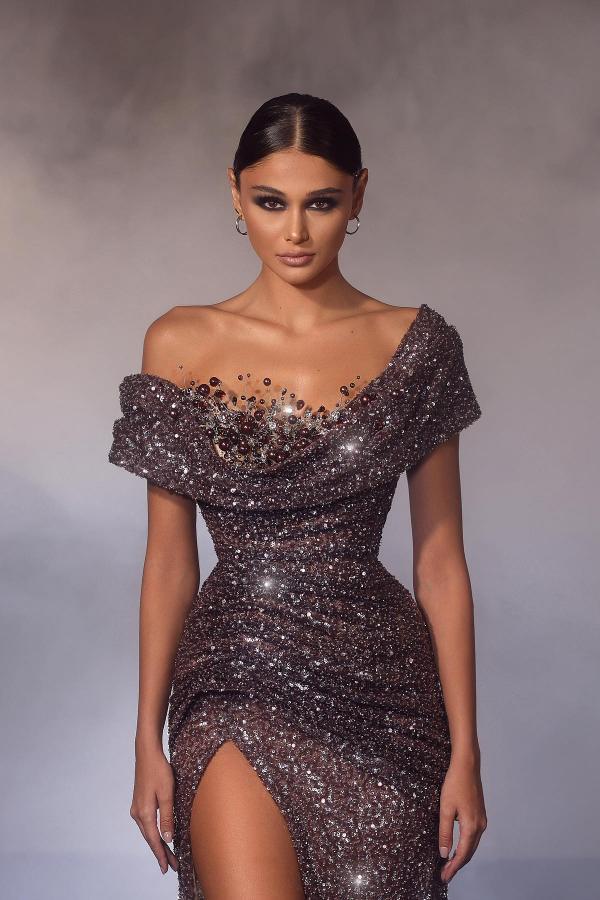Off the shoulder Gray Sequin Mermaid High Split Prom Dresses
