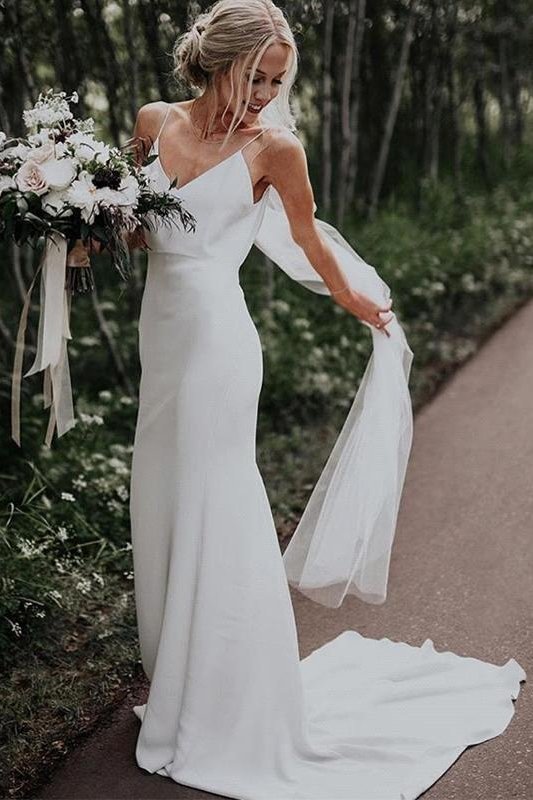 Summer White Boho Column Beach Court Train Wedding Dress