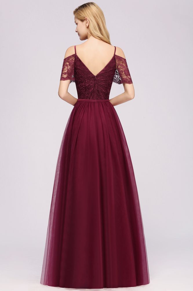 Elegant A-Line Lace Sweetheart Spaghetti Straps Short-Sleeves Floor-Length Bridesmaid Dresses with Ruffles-Babyonlinewholesale