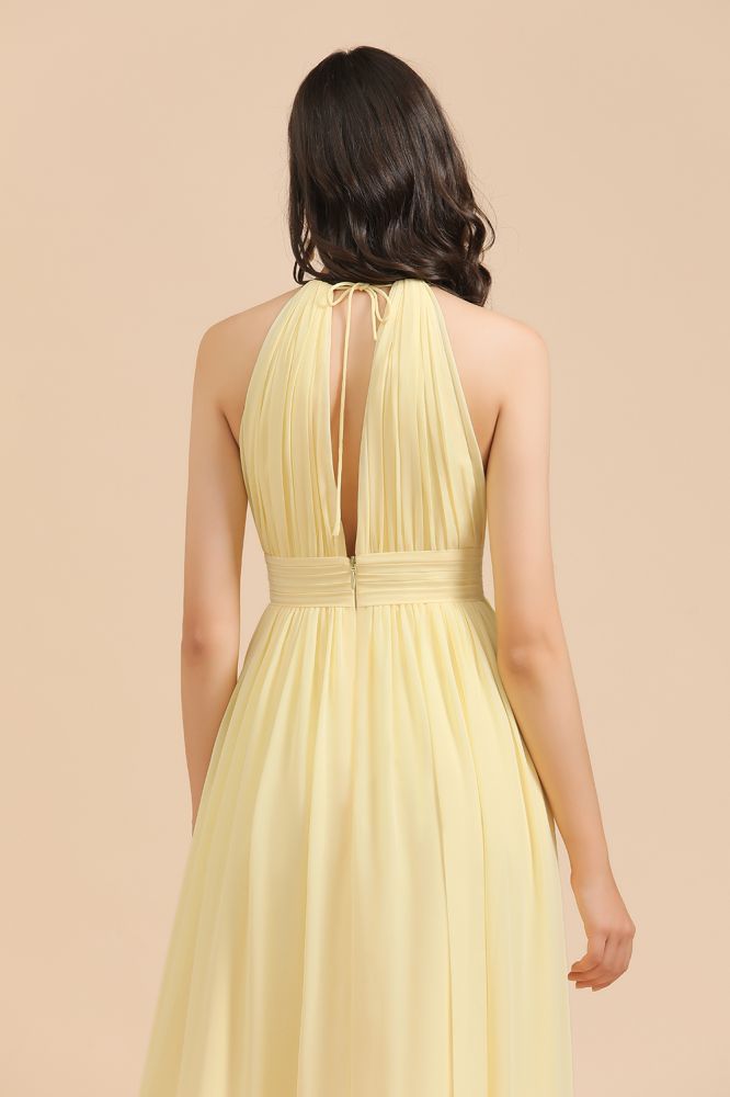 Halter Pleated Chiffon Daffodil Bridesmaid Dress Side Slit Long Wedding Party Dress