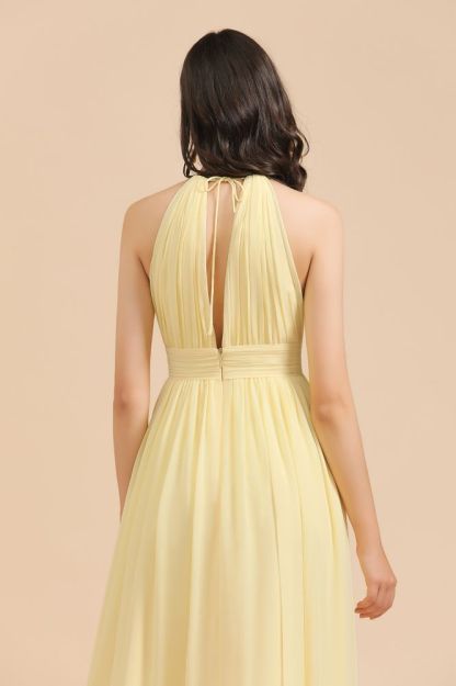 Halter Pleated Chiffon Daffodil Bridesmaid Dress Side Slit Long Wedding Party Dress