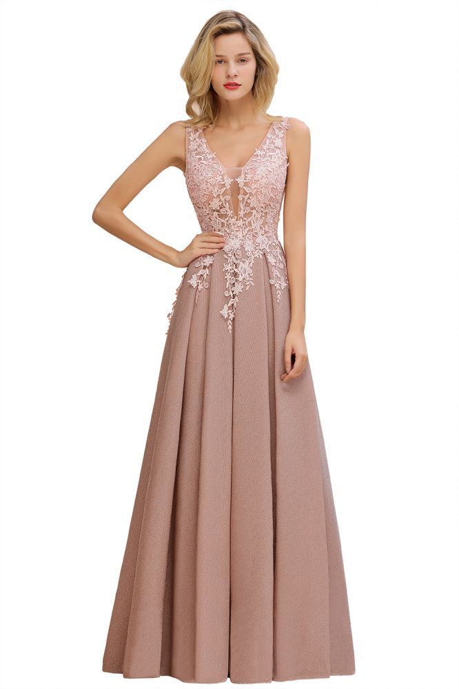 Rebacca | A-Line V-neck Floor-Length Tulle Sequined Prom Dresses