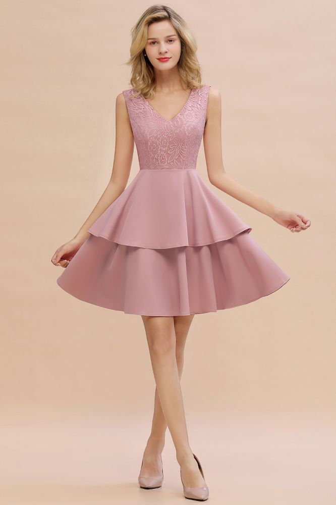 Sexy V-neck V-back Knee Length Homecoming Dresses with Ruffle Skirt | Burgundy, Navy, Pink Dress for Homecoming-Babyonlinewholesale