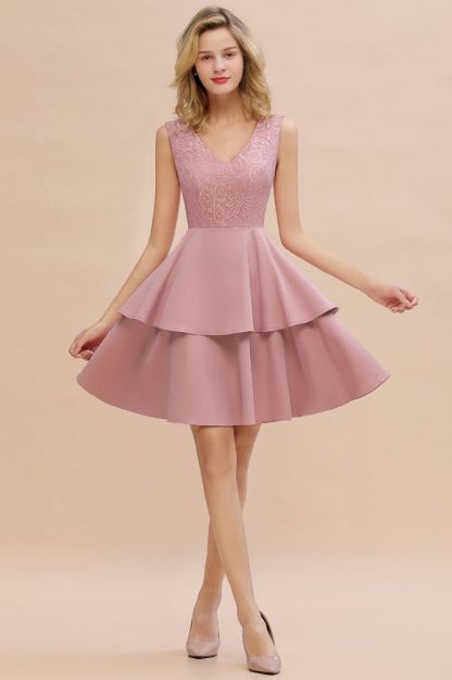 Sexy V-neck V-back Knee Length Homecoming Dresses with Ruffle Skirt | Burgundy, Navy, Pink Dress for Homecoming-Babyonlinewholesale