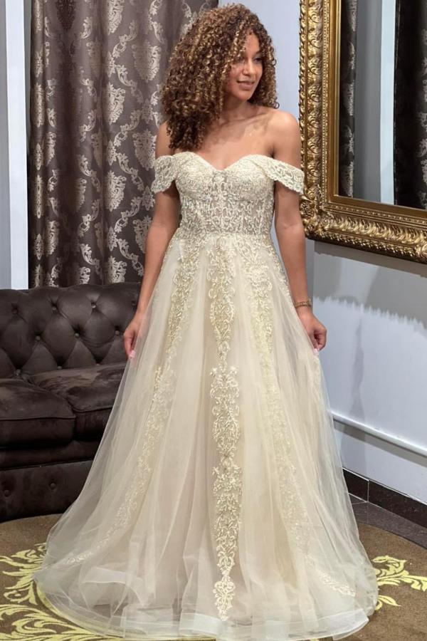 Stylish Off-the-Shoulder Tulle Long Evening Dress Floral Lace Appliques Formal Dress