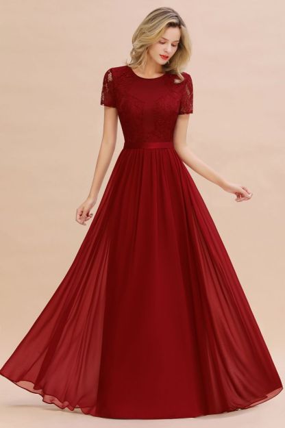 Retro Chiffon Lace Scoop Short-Sleeves Online Bridesmaid Dress