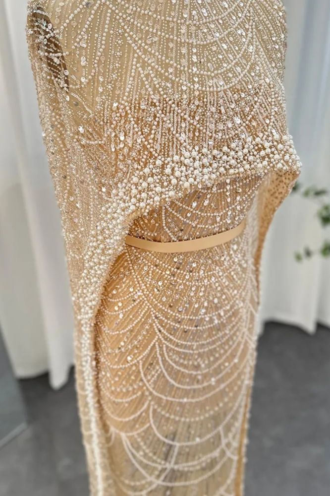 Luxury Pearls Dubai Mermaid Evening Dress with Cape Sleeves Seequined Floor Length Party Dress