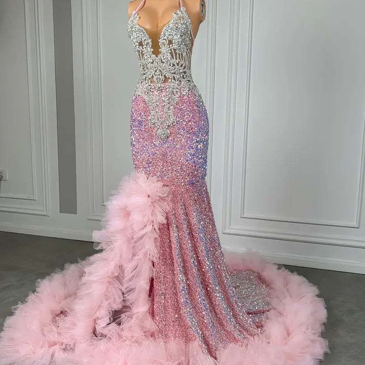 Pink Mermaid Sequin Ruffles Split Prom Dresses