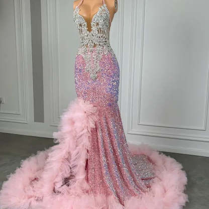 Pink Mermaid Sequin Ruffles Split Prom Dresses