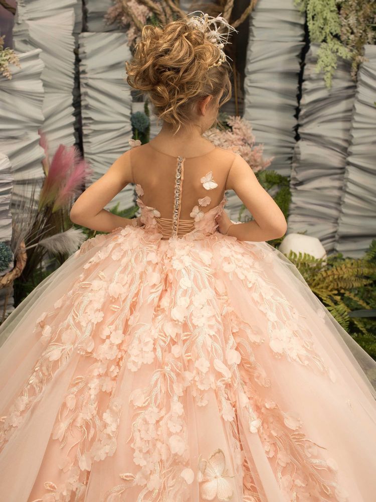 Cute Birthday Party Dress Sleeveless Tulle Floral First Communion Dress for Girl with Train