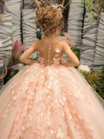 Cute Birthday Party Dress Sleeveless Tulle Floral First Communion Dress for Girl with Train