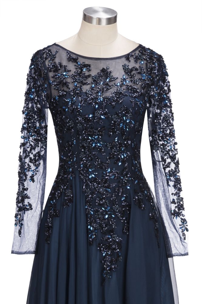 ROWENA | A-line Floor Length Long Sleeves Crystals Tulle Prom Dresses