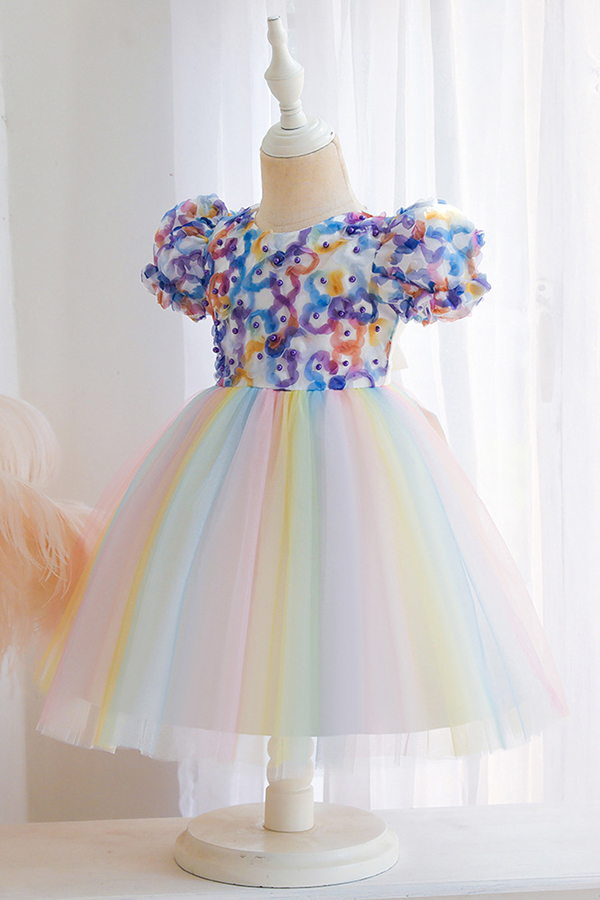 Rainbow bubble cap sleeves pricess sparkle flower girl dress