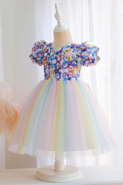 Rainbow bubble cap sleeves pricess sparkle flower girl dress