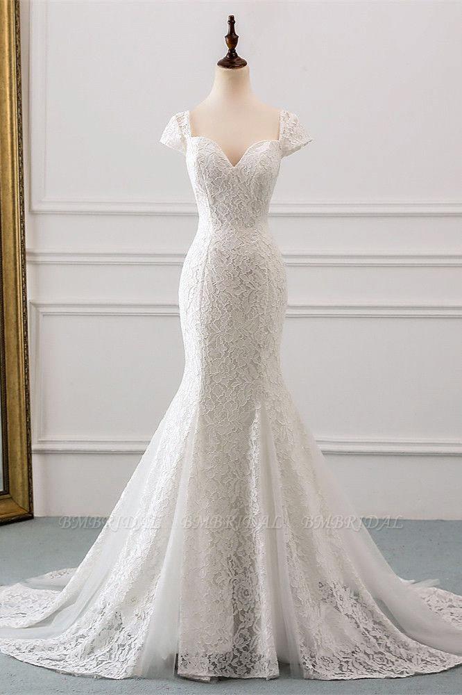 Elegant Cap Sleeve Aweetheart Floral Lace Slim Mermaid Wedding Dress Lace-up Wedding Party