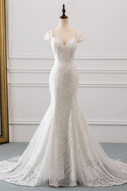 Elegant Cap Sleeve Aweetheart Floral Lace Slim Mermaid Wedding Dress Lace-up Wedding Party
