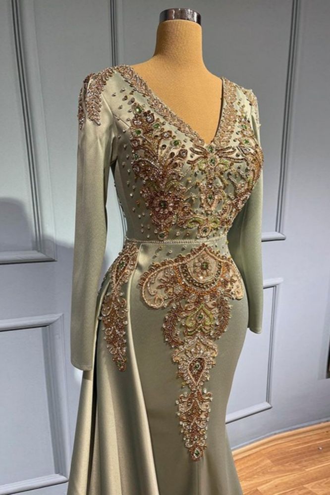 Glamorous Long Sleeves Mermaid Evening Dress V-Neck Gold Crystals Long Party Dress with Sweep Train