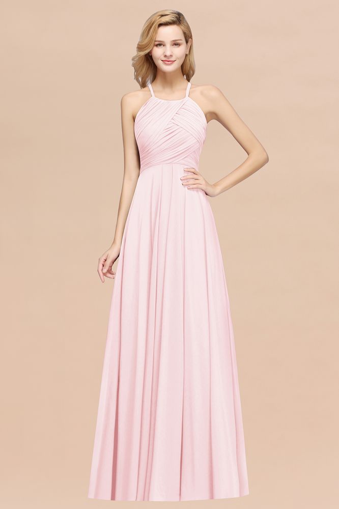 A-Line Chiffon Halter Ruffles Floor-Length Bridesmaid Dress