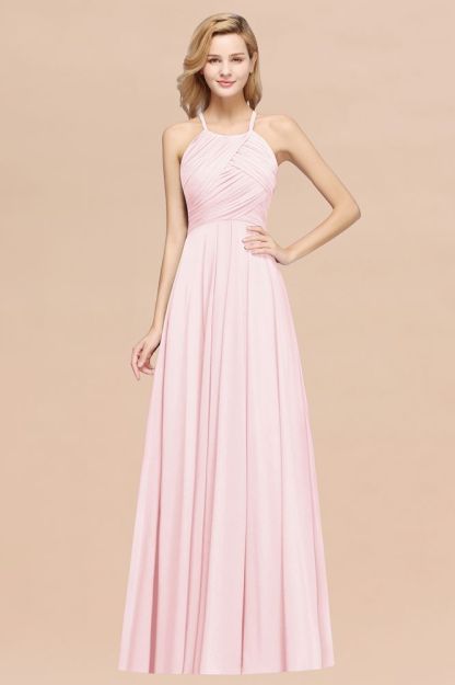 A-Line Chiffon Halter Ruffles Floor-Length Bridesmaid Dress