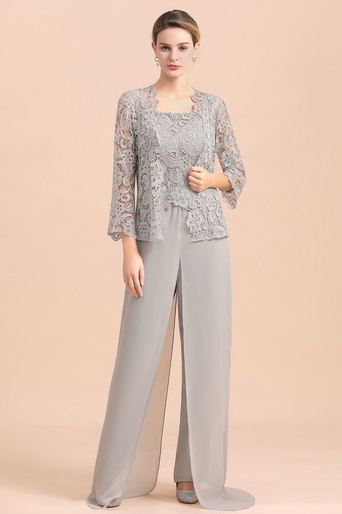 Silver Chiffon Motherr of the Bride Dress Lace Appliques JumpSuit with Long Sleeves