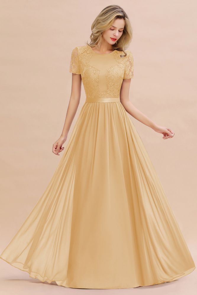 Retro Chiffon Lace Scoop Short-Sleeves Online Bridesmaid Dress