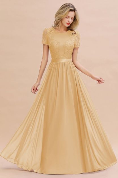 Retro Chiffon Lace Scoop Short-Sleeves Online Bridesmaid Dress