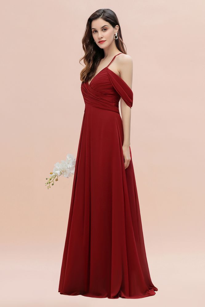 Elegant V-Neck Pleated Chiffon Bridesmaid Dress with Straps Cross Back Wedding Guest Dress