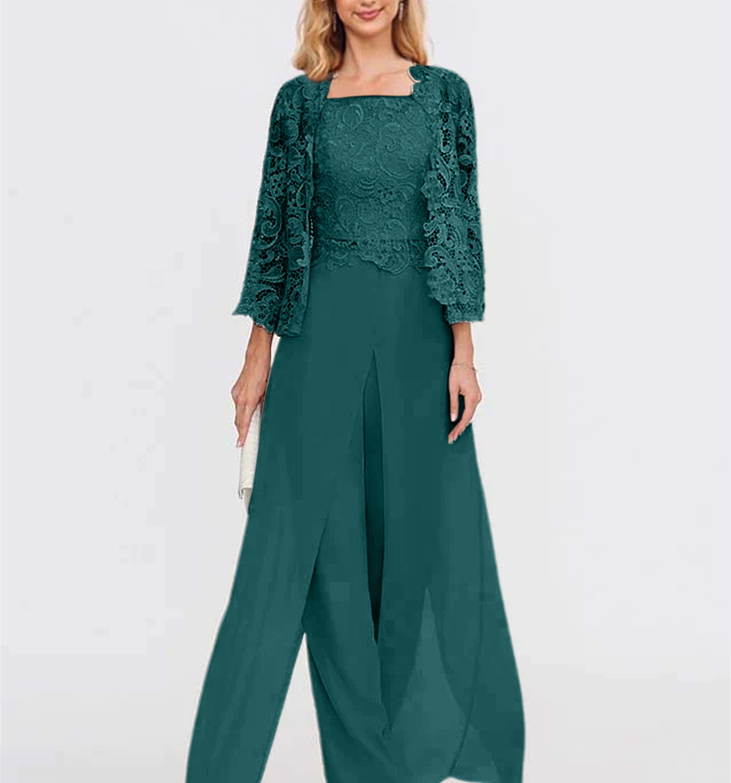 Peacock Square Neck Chiffon Mother of the Bride Pantsuit with Jacket & Side Split