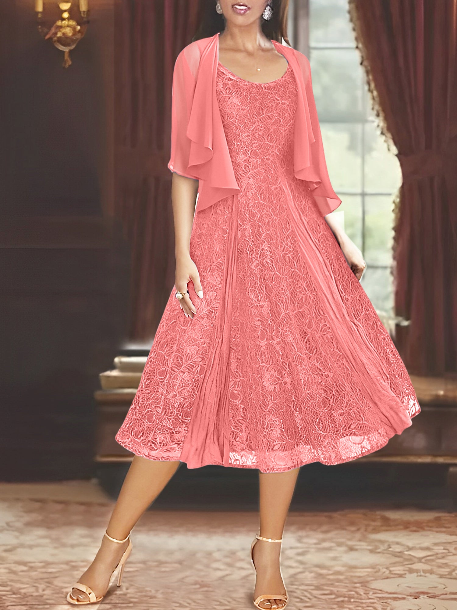Princess A-Line Tea-Length Mother of the Bride Dress with Scoop Neck Half Sleeves Appliques and Jacket